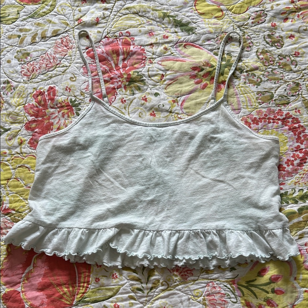 AE Aqua and White Tie Dye Lettuce Hem Flowy Crop Top